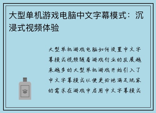 大型单机游戏电脑中文字幕模式：沉浸式视频体验