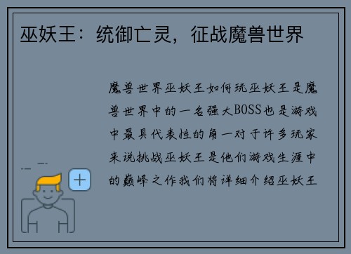 巫妖王：统御亡灵，征战魔兽世界