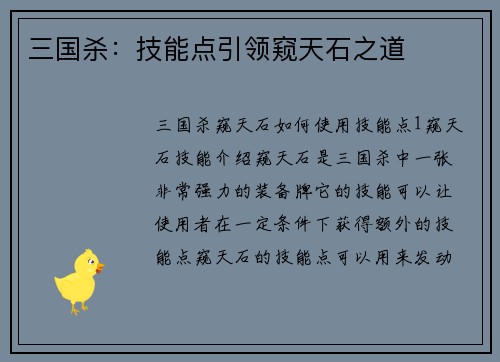 三国杀：技能点引领窥天石之道